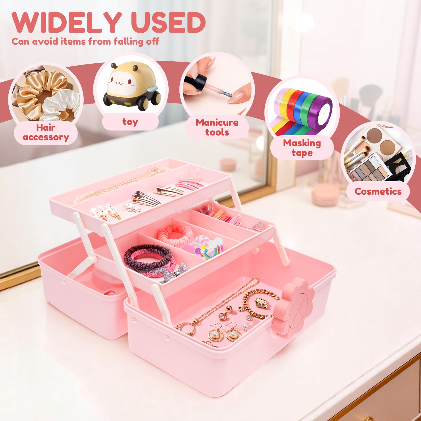 FKSZLL Hair Accessories Storage Box Plastic 3 Layer Pink Lockable Craft Storage Container Portable Cute Girl Hair Clip Holder Case with Handle for Toy Nail Tool Stationery