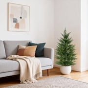 2-Pack Artificial Cedar Topiary Trees LED Lights & White Pot 3/4FT Faux Cypress in Decorative White Pots UV Resistant Evergreens for Indoor/Outdoor Use, Ambient Glow for Living Room & Patio