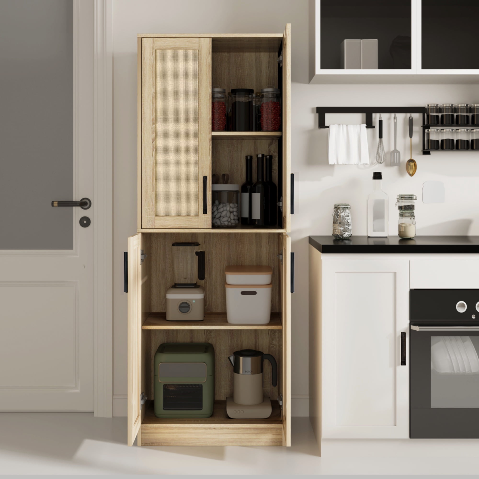 BOCVKENN Storage Cabinet - Kitchen Pantry Cabinet, Tall Pantry Storage Cabinet Freestanding with 4 Rattan Doors and Adjustable Shelves, Cupboard Cabinet for Dining Living Room, Laundry, Bathroom