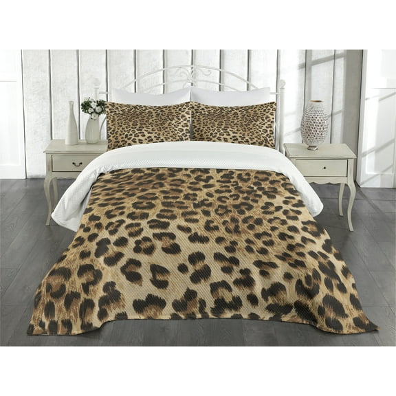 Ambesonne Leopard Print Quilted Bedspread Set 3 Pcs, Wild Animal Skin, King Size, Pale Brown and Black