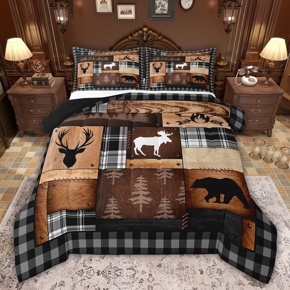 Castle Fairy Jungle Bear Deer Twin Comforter Sets,Vintage Geometric Grid Bedding Set