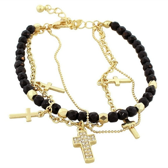 Fashion Alloy Black Gold-Tone CZ Latin Cross Religious Adjustable Beaded Bracelet