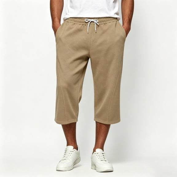 Mifsaly Capri Sweatpants for Men Drawstring Elastic Waist Lounge Capris Front Seam Comfortable Casual Relaxed Fit Workout Everyday Outfits with Pockets Khaki,XL