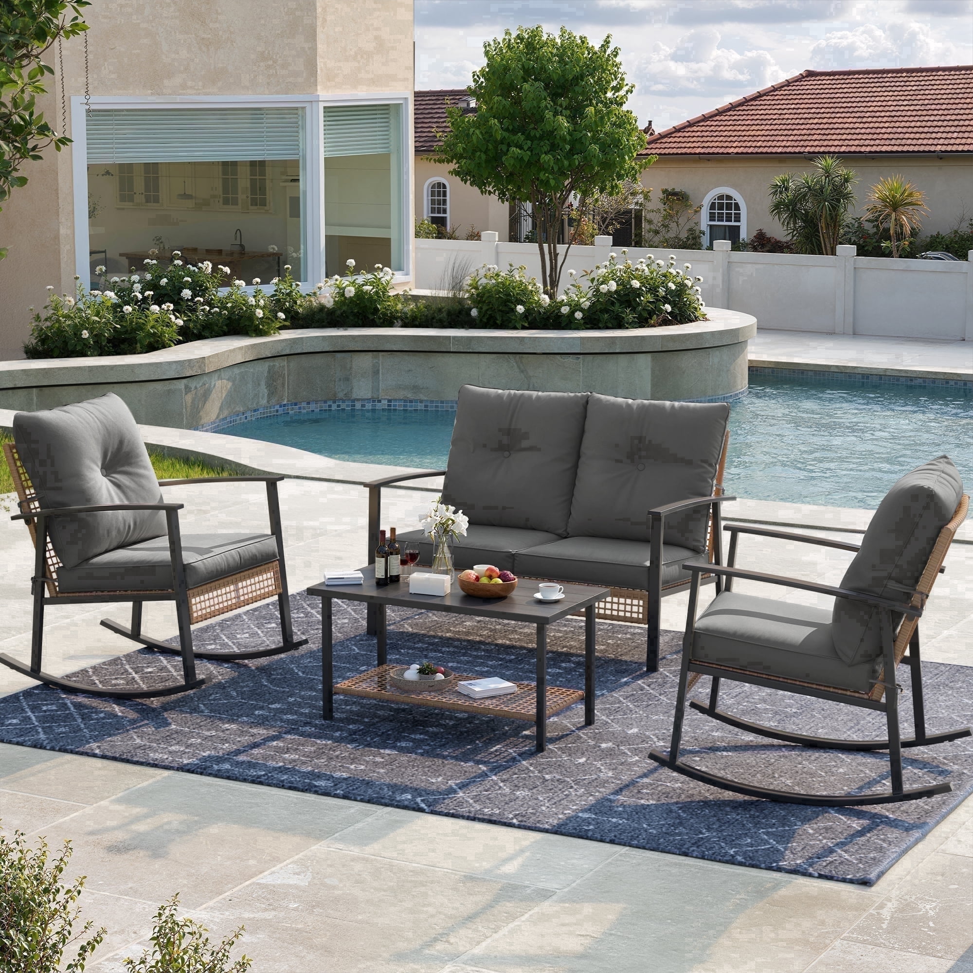 Deersky 4 Pieces Outdoor Patio Furniture Set with 2 All-Weather Wicker Rocking Chairs, Loveseat and Coffee Table, Easy Assembly for Balcony, Porch, Backyard