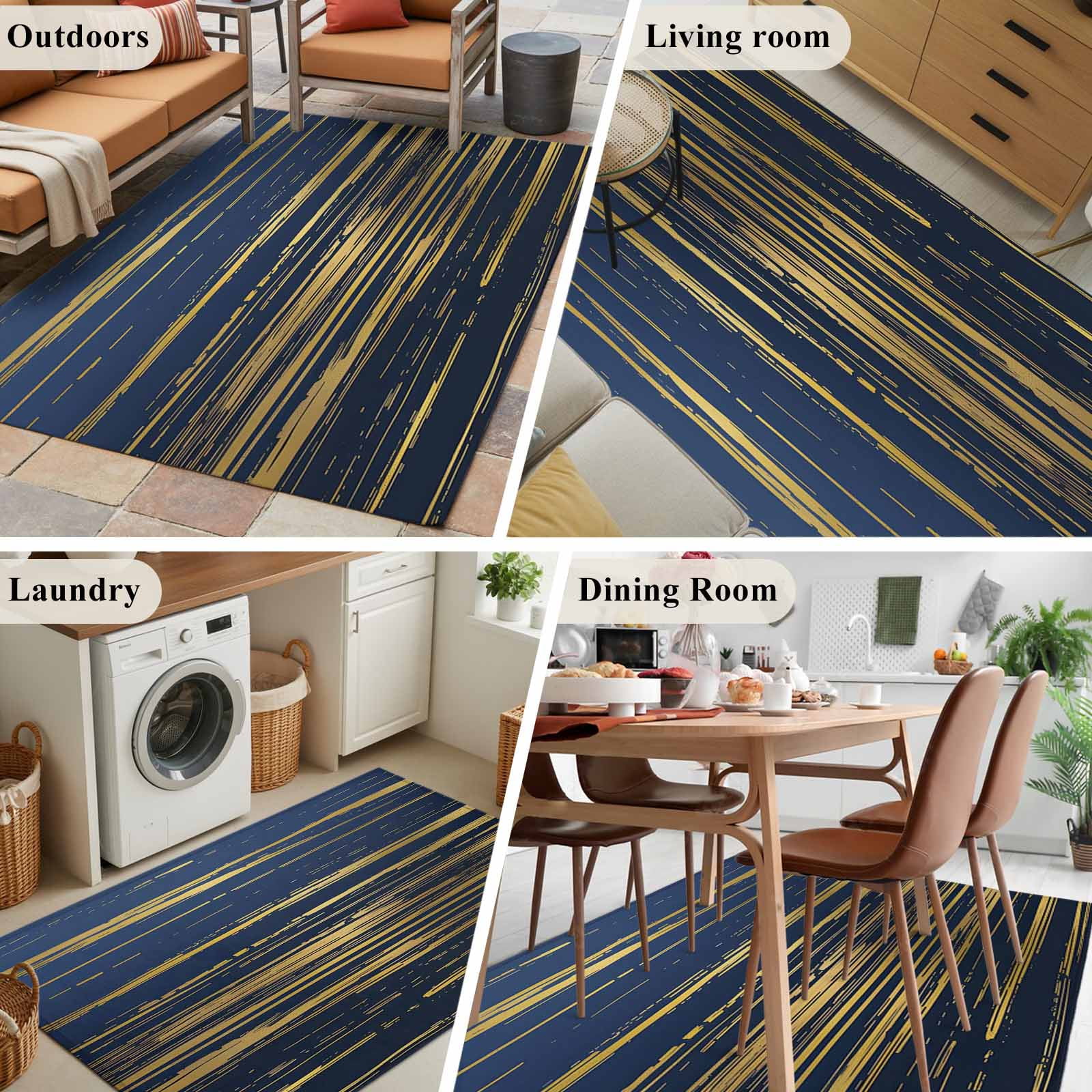 Blue Yellow Striped Area Rugs 2.7'x5', Washable Small Throw Rugs for Kitchen Bedroom, Modern Abstract Art Stripes Indoor Outdoor Rug Non-Slip Low Pile Carpet Runner Reversible Floor Mats