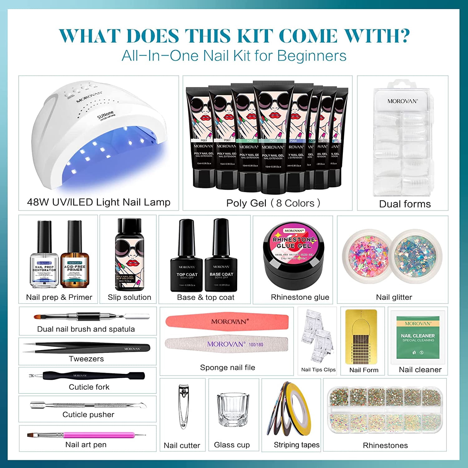 Morovan Poly Gel Kits - Nail Extension Gel Kit with 48W LED Nail Lamp 8 Pcs 0.5oz with Slip Solution Nail Primer Poly Gel