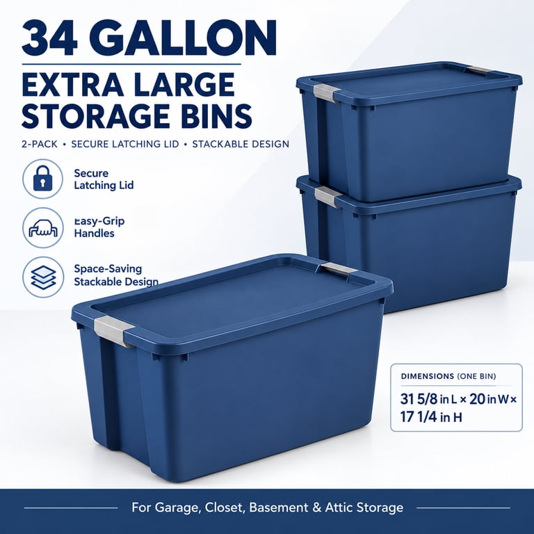 34 Gallon Extra Large Storage Bin, 2 Pack Plastic Storage Container ...