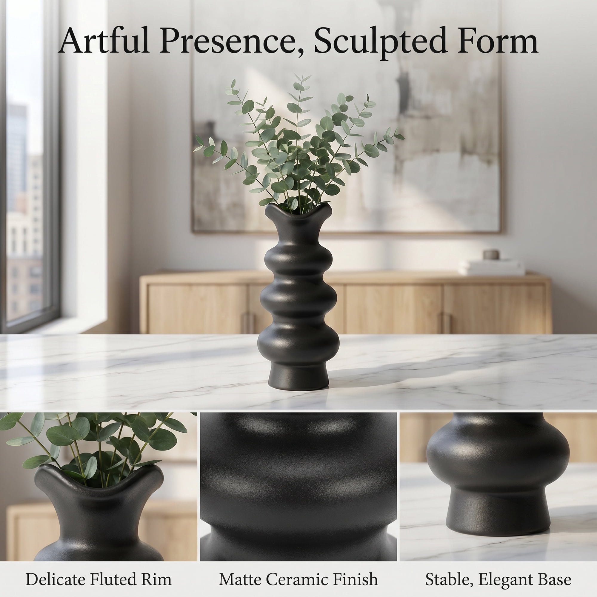 Unique Bargains Geometric Tiered Ceramic Sculptural Flower Vase Black 3.9"x 3.9"x 8.3"