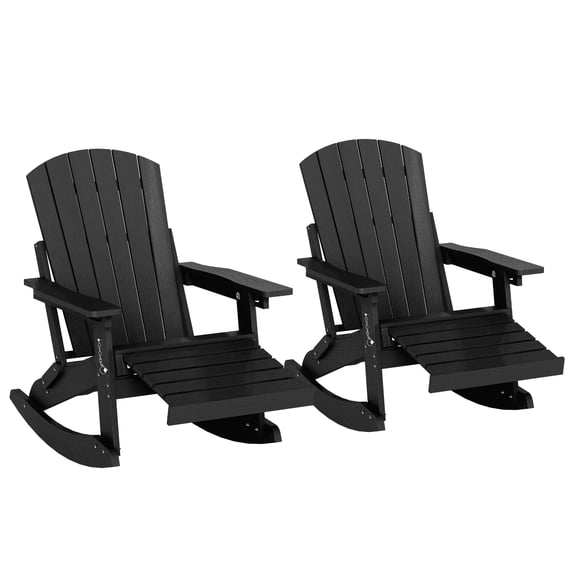 Adirondack Rocking Chair Set of 2 with Retractable Ottoman, 4-in-1 HDPE Wood Texture Adirondack Rocker Patio Rocking Chair for Patio, Porch, Black