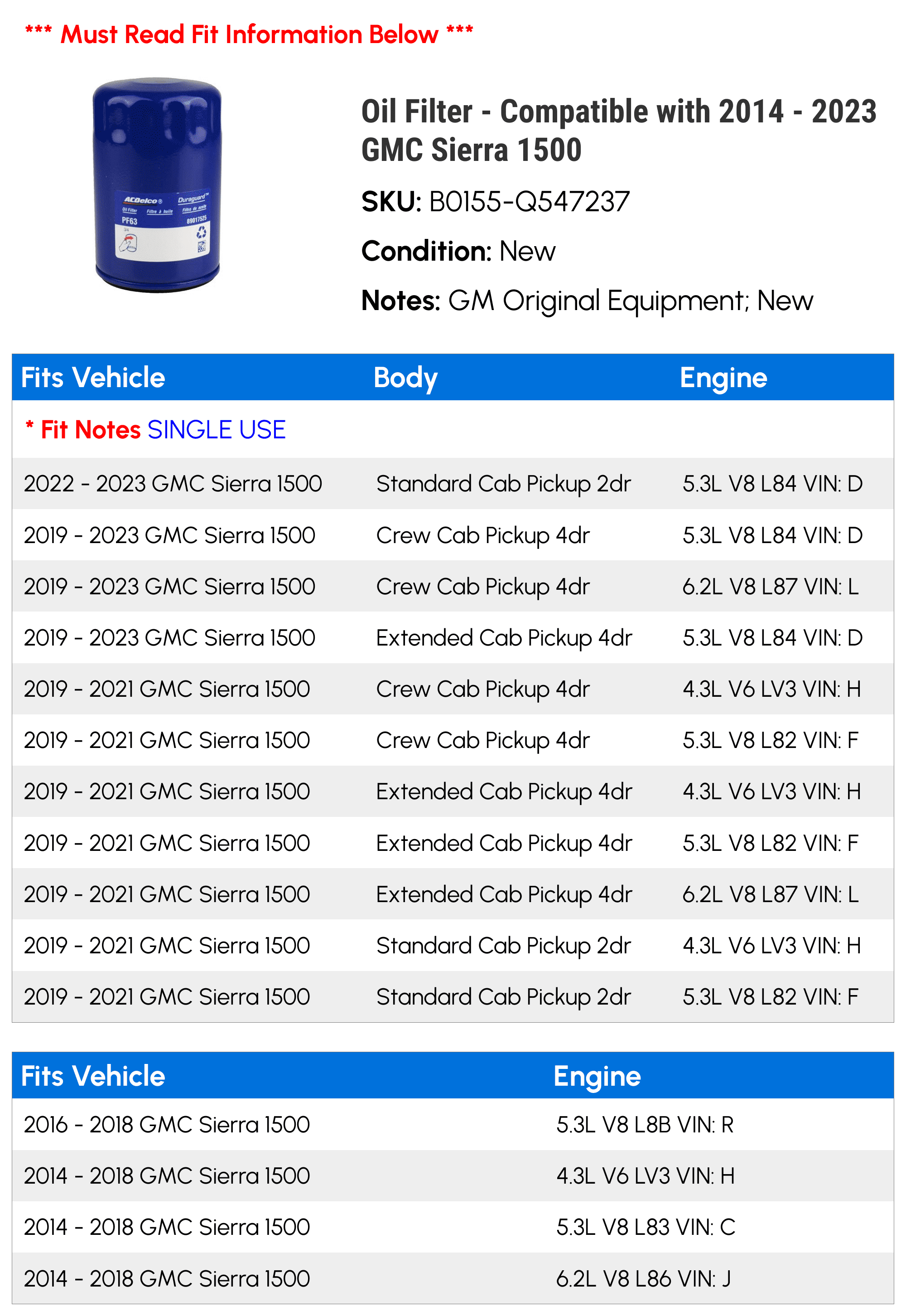 Oil Filter - Compatible with 2014 - 2023 GMC Sierra 1500 2015 2016 2017 2018 2019 2020 2021 2022