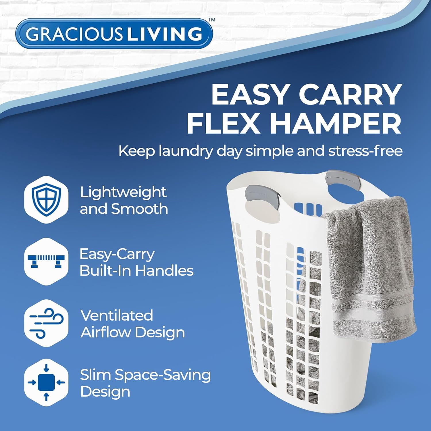 JFTER Laundry Basket, Easy Carry Flex Collapsible Hamper, 87.5 Liters, White - Large Plastic Clothes Storage Organizer for Home, Bathroom, and Bedroom
