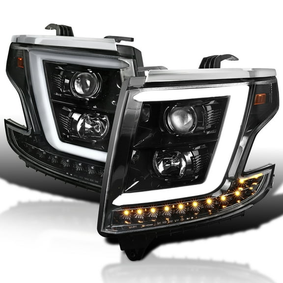 Spec-D Tuning Jet Black LED Light Bar Projector Headlights Compatible with 2015-2020 Chevy Tahoe, Suburban, Left   Right Pair Headlamps Assembly