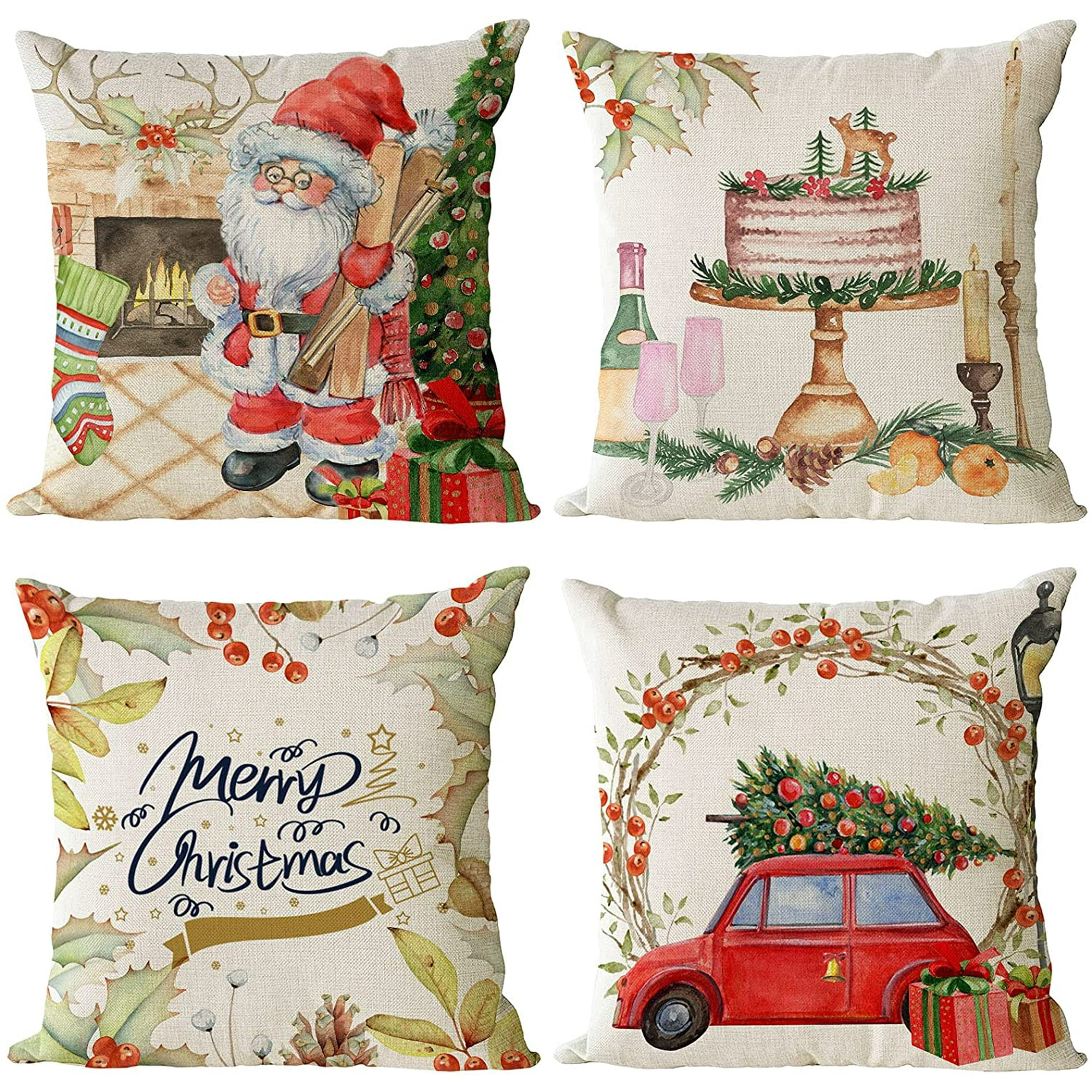 Set of 4 Christmas Pillow Covers 12x12 Inch Merry Christmas Pillow Cases Christmas Tree Santa Truck Throw Pillow Covers Xmas Holiday Pillow Covers