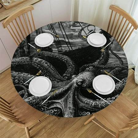 

BCIIG Octopus Ship Gothic Art Round Table Cover Stain Resistant Washable Indoor Outdoor Tablecloth Kitchen Dining Wedding Parties Elastic Edge 100% Polyester Fiber 54-58