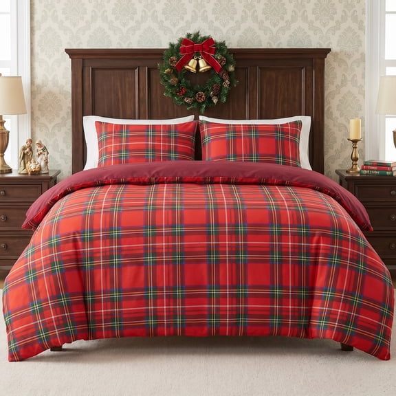 Gogreen Christmas Queen Duvet Cover Set 3-Piece, Microfiber Bedding Deep Pocket, Soft Breathable Wrinkle Resistant Holiday Decor(Red Plaid)