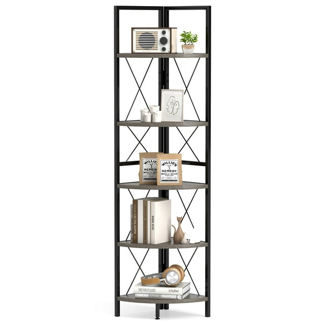 Gymax 5-tier Corner Display Rack Corner Ladder Bookshelf w/ Sturdy Metal Frame Oak & Black
