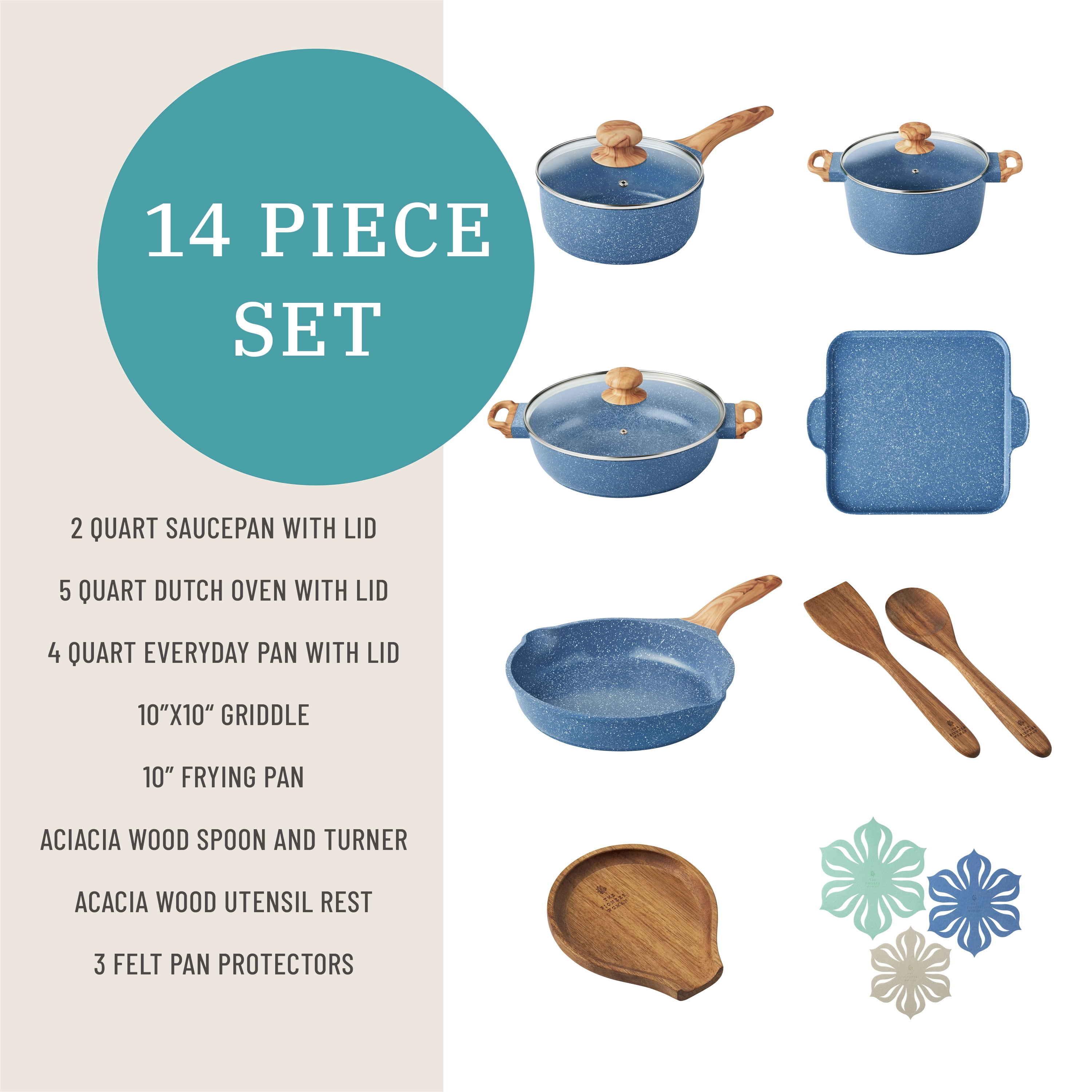 The Pioneer Woman Prairie Signature 14-Piece Cast Aluminum Cookware Set, Blue