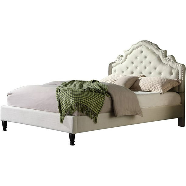 Theresa Linen Fabric Queen Bed, Linen Tufted Headboard White