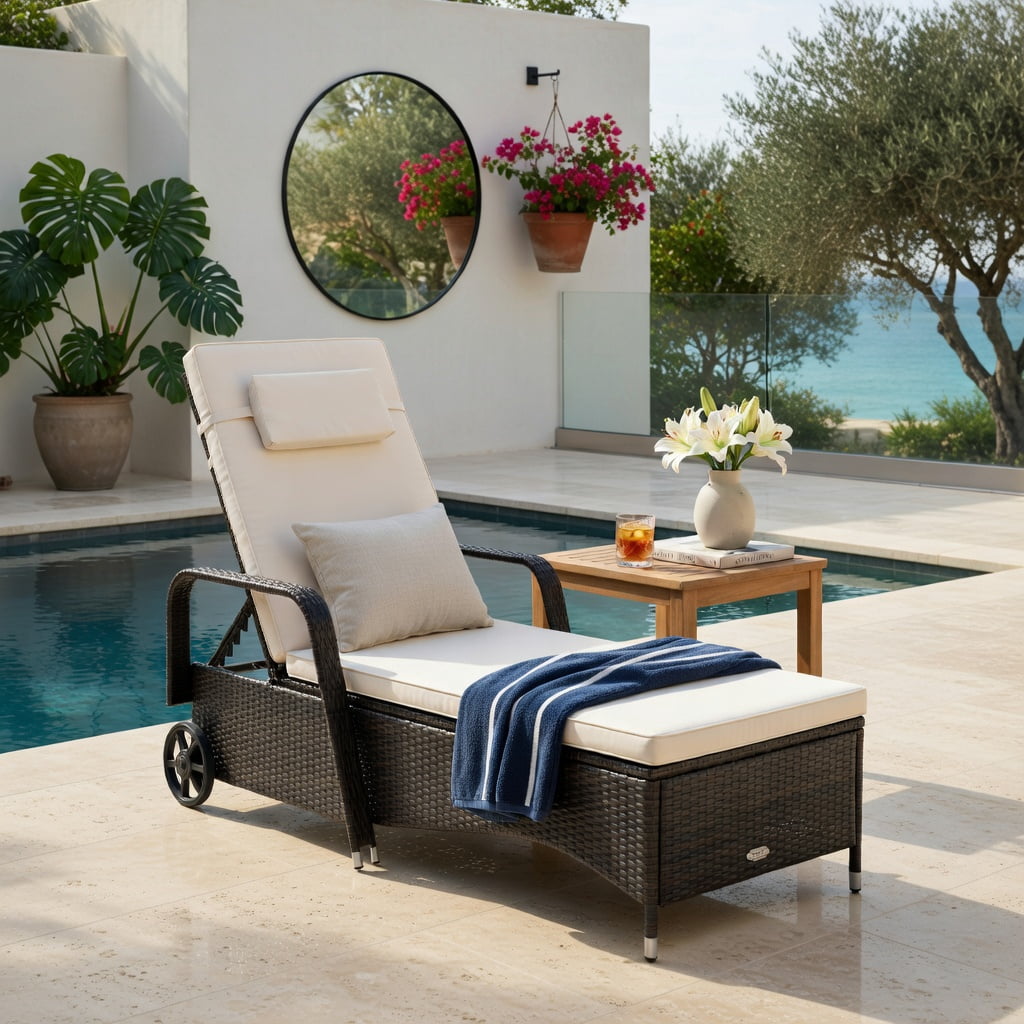 Hommoo Adjustable Outdoor Reclining Chaise Lounge Chair with Cushioned Seat, PE Rattan & Steel Frame, for Pool, Patio, Garden & Balcony, White