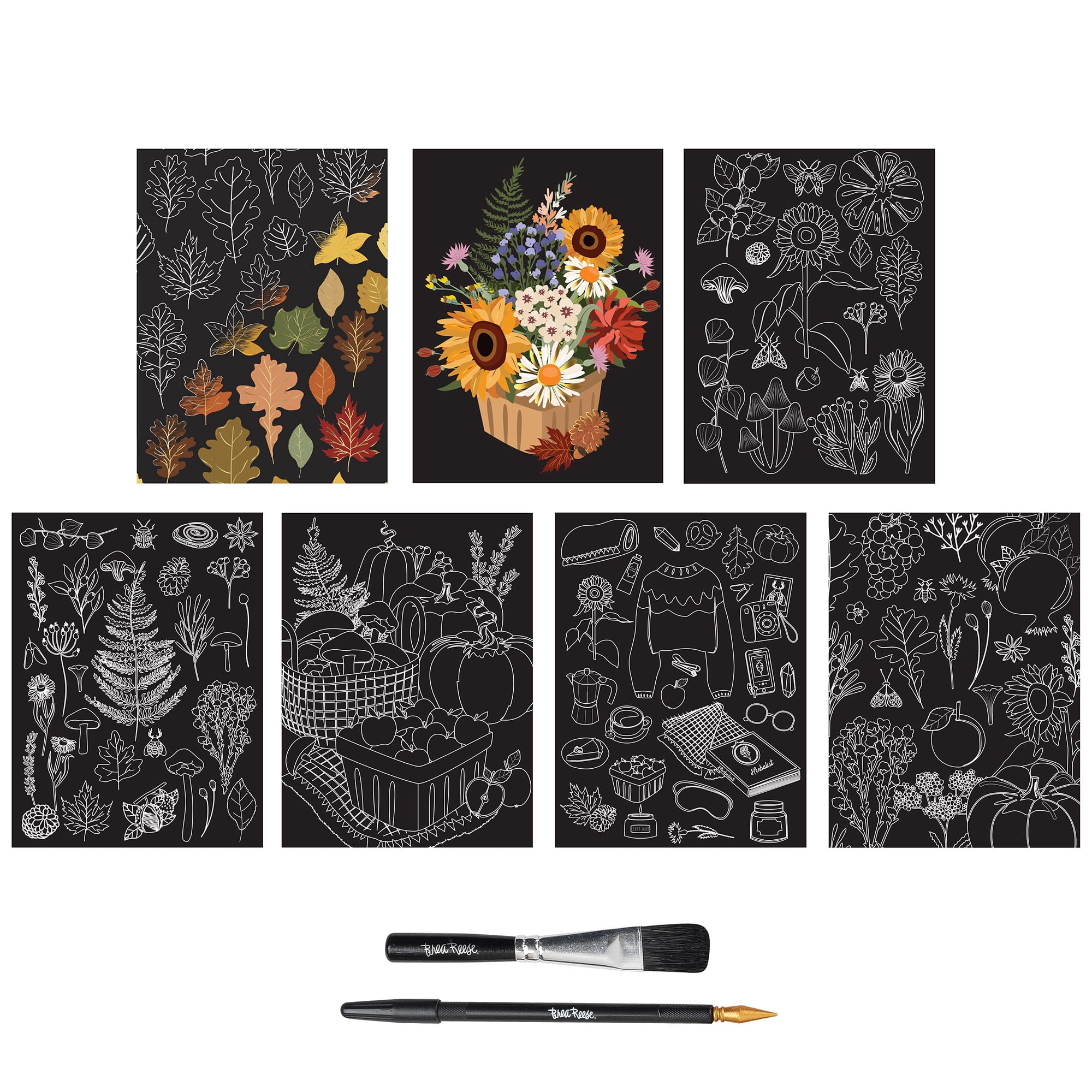 Brea Reese: Scratch Art Paper Pad - Fall Foraging - 14 Sheets, 7 Guided Art Designs, Metallic Accents, Stylus & Brush, 6x8" Pages, DIY Adult Craft Kit