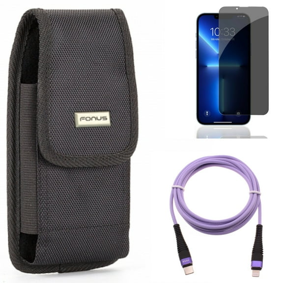 Case Belt Clip & Privacy Screen Protector & Purple 6ft PD Cable for iPhone 13/Pro - Combo with Swivel Holster Rugged & Tempered Glass Curved Anti-Spy & USB-C Long Cord Fast Charger