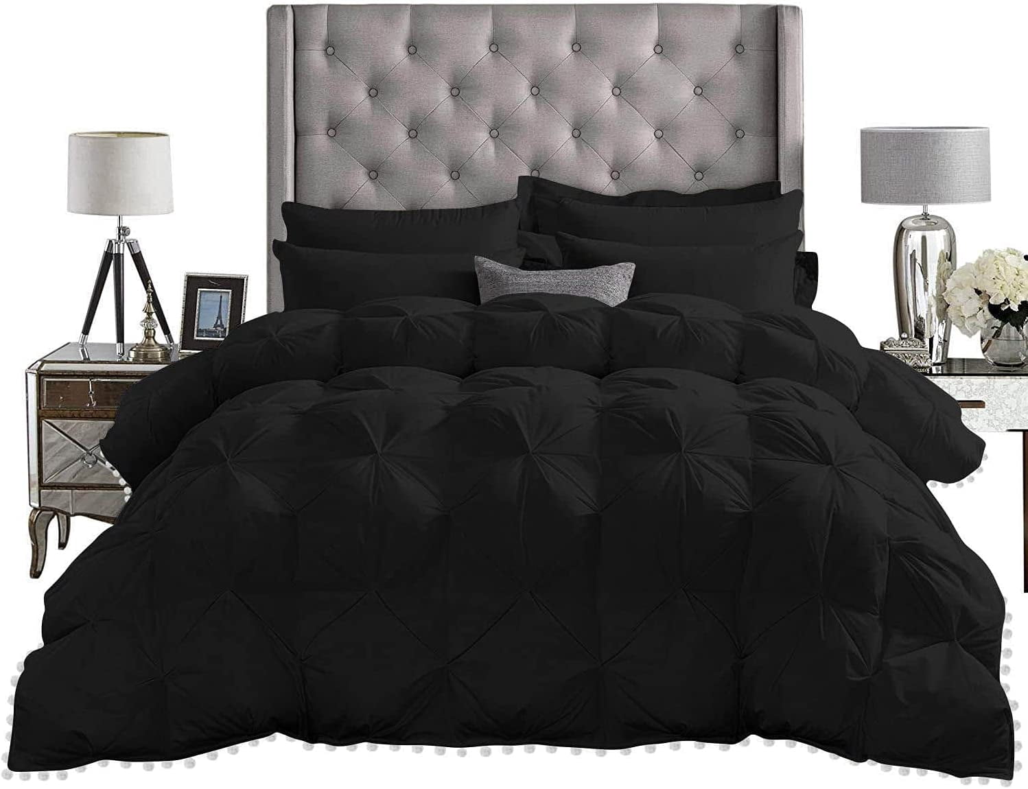 D.N.G. BEDDINGS Luxurious 3 Piece Pom Pom Pinch Pleated Comforter Set, 800 Thread Count, 100% Egyptian Cotton, White Vintage Pom-Pom Fringe (Super King Size Solid Black Color)