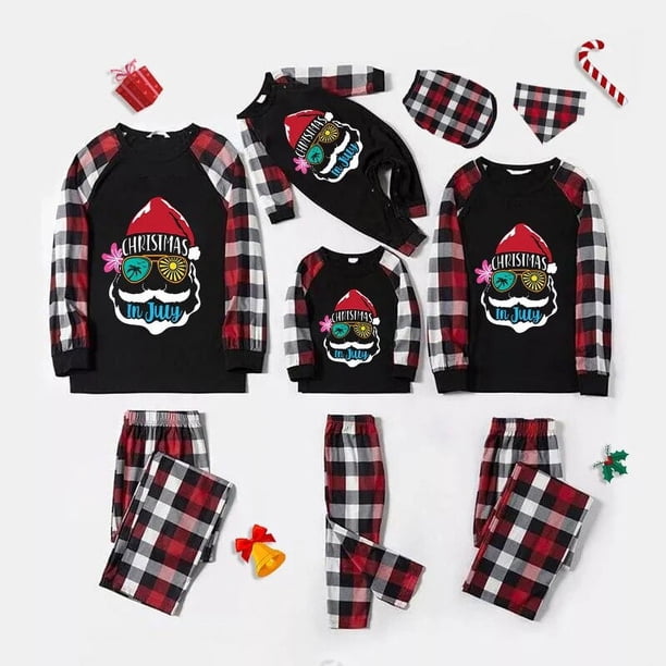 Pijamas familiares navideños a juego, conjuntos de pijamas de manga larga, gafas de sol, Papá Noel, negro, Navidad en julio