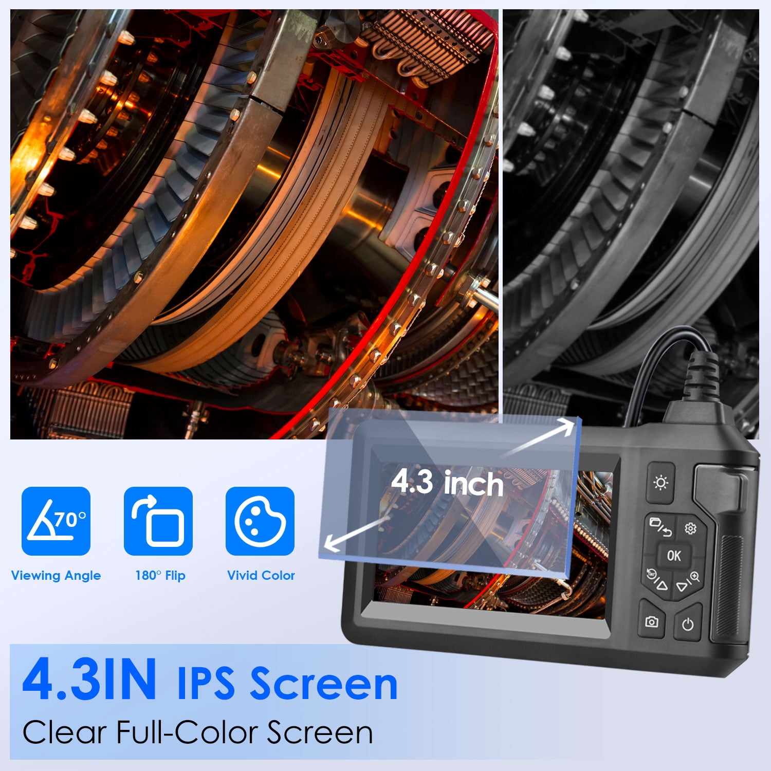 Teqhome Endoscope Inspection Camera with  8 LED Light Type-C 1080P HD Borescope with 4.3" IPS Screen 16.4ft Semi-Rigid Cord IP67 Waterproof Plumbing Snake Camera