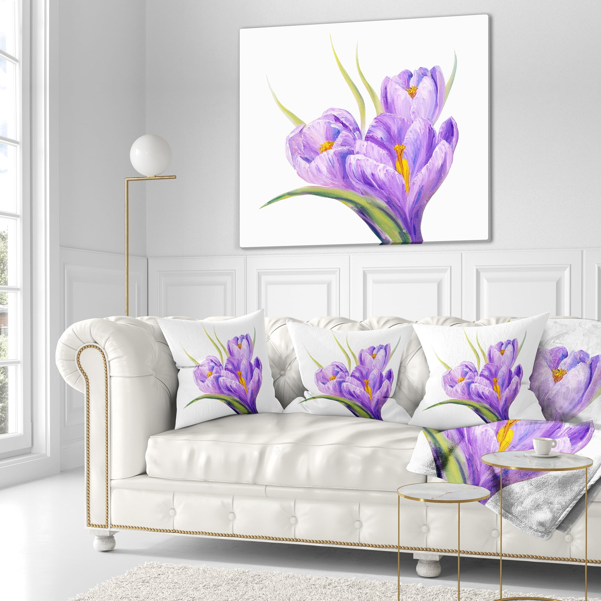 Designart Crocuses in White Background - Floral Throw Pillow - 18x18