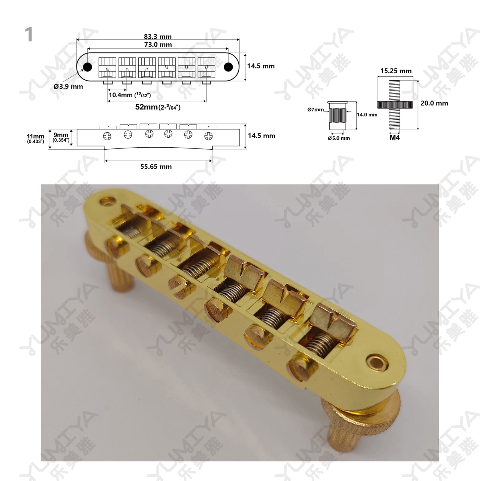 Tune-O-Matic Guitar Fixed Saddle Bridge Tailpiece 1 Set Gold for ABR-1 LP LP Electric Guitars Replacement Parts