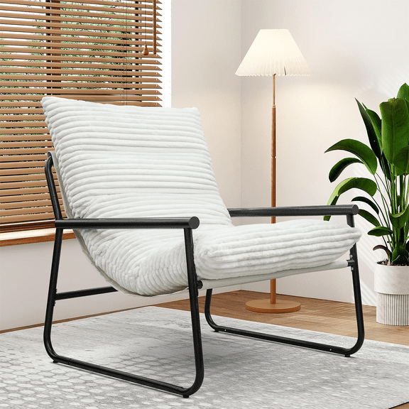 MIERES Contemporary Ribbed Fuzzy Leisure Chair with Metal Armrests, Upholstered Single Armchair for Home Office Use