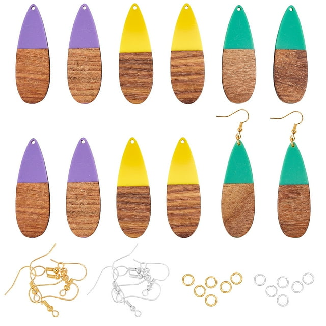 DIY Dangle Earring Making Kits Including Resin & Teardrop Walnut Wood Pendants Brass Earring Hooks & Jump Rings Mixed Color 36pcs/box