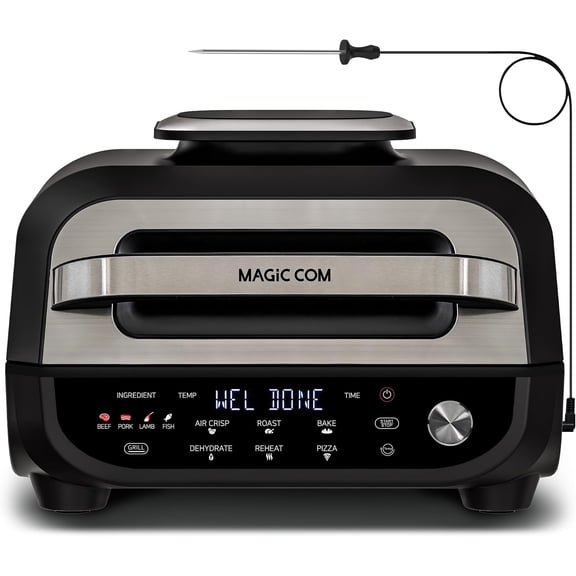 7-in-1 Electric Indoor Grill Air Fryer Combo by MAGiC COM: Steak, Roast, Air Crisp, Bake, Dehydrate, Pizza, Reheat. Smart Thermometer, Non-Stick, Dishwasher Safe