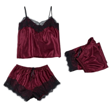 

Fishnet Lingerie For Women Night Shirts Sleepwear Women Stain Lace Silk Nightdress Pajamas Camisole Trousers Women Suspender Top Shorts Pajamas Set Pajamas Lace Stitching Three-Piece Set