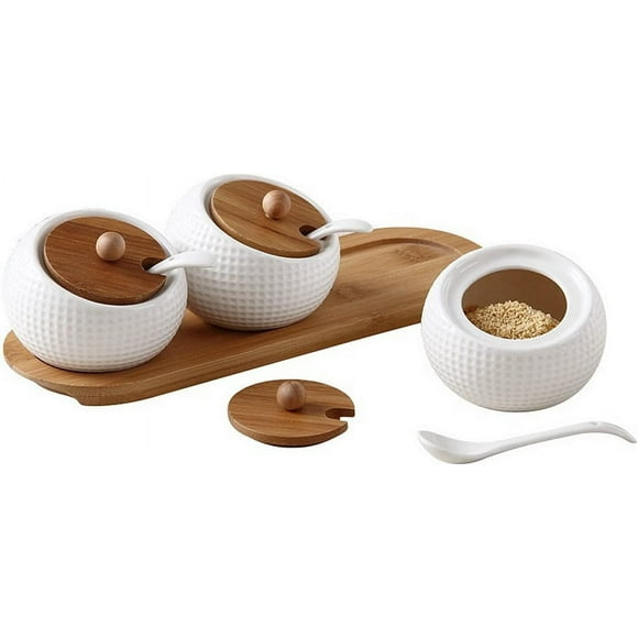 Modern Design Porcelain Jar, Ceramic Serving Spoon, Bamboo Tray Perfect Canister for Sugar Bowl Serving Tea, Coffee, Spice Best Pottery Cruet Pot for Your Home, Kitchen, Counter.