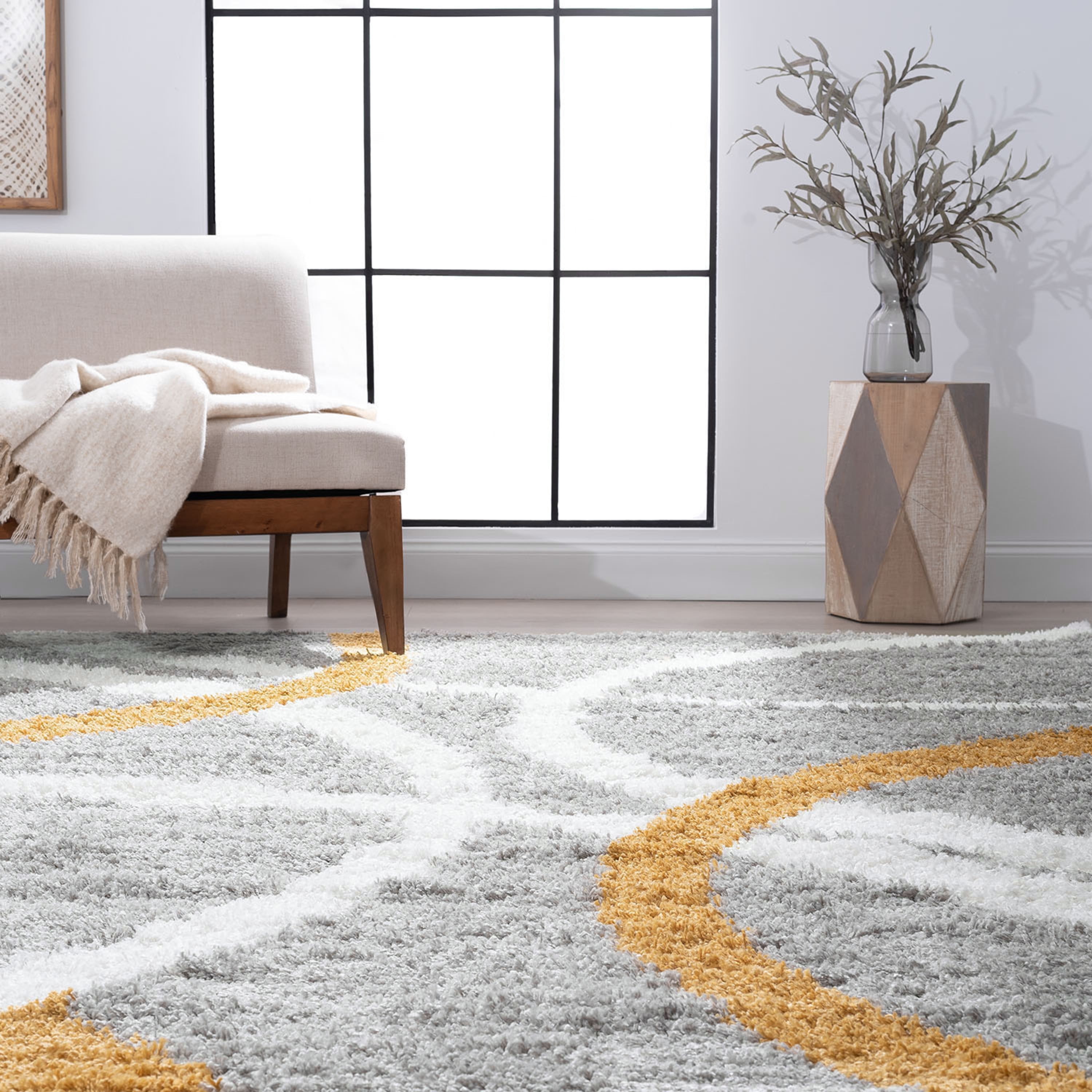 Bliss Rug Abstract Indoor Shag Rug for Living Room, Bedroom, Kids Room |Gray/Yellow, 8' x 10' (7'11''x9'11'')