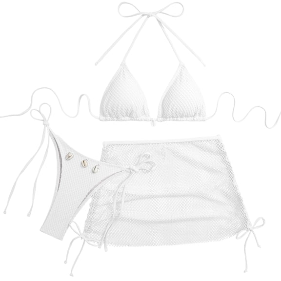 IYYVV Women's 3 Piece Bikini Sets Halter Top Side Tie Bottom Mesh Cover Up Skirt Swimsuit Summer Beach Bathing Suit White M