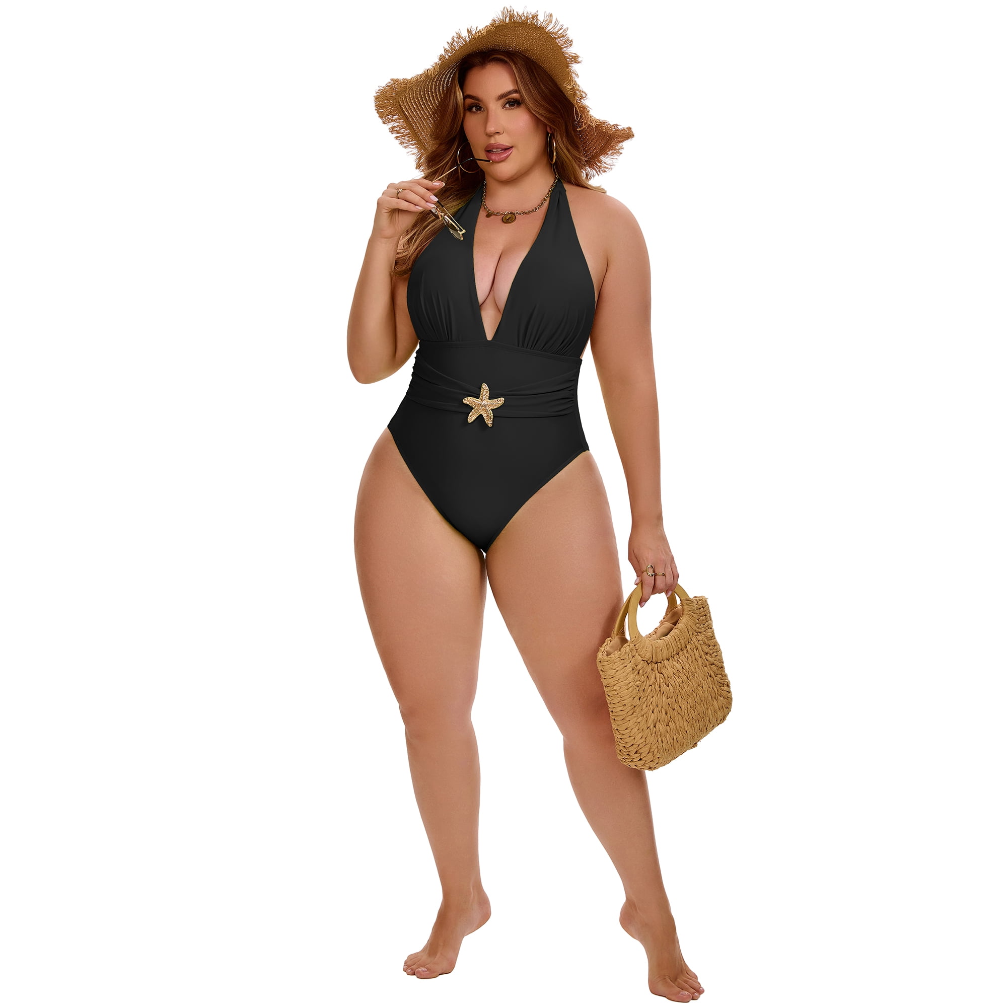 DARING DIVA Women's Plus 1 Piece Halter Tummy Control Swimwear 1X Black