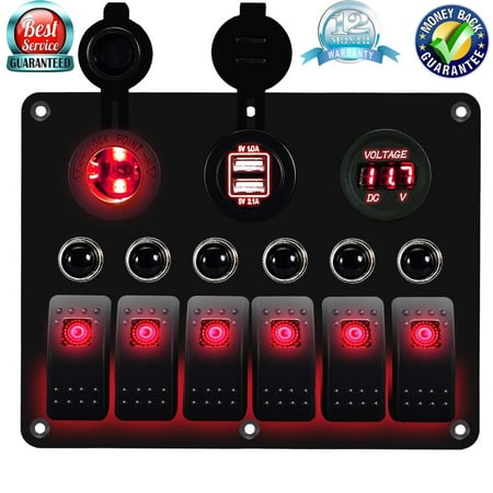 Varistor Circuit Protection - 6 Gang Circuit LED Car Marine Boat Rocker Switch Panel Dual USB Waterproof Power Socket Breaker Voltmeter Overload Protection -Red