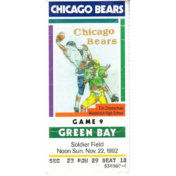 1992 Green Bay Packers at Chicago Bears ticket stub (Brett Favre first rushing TD)