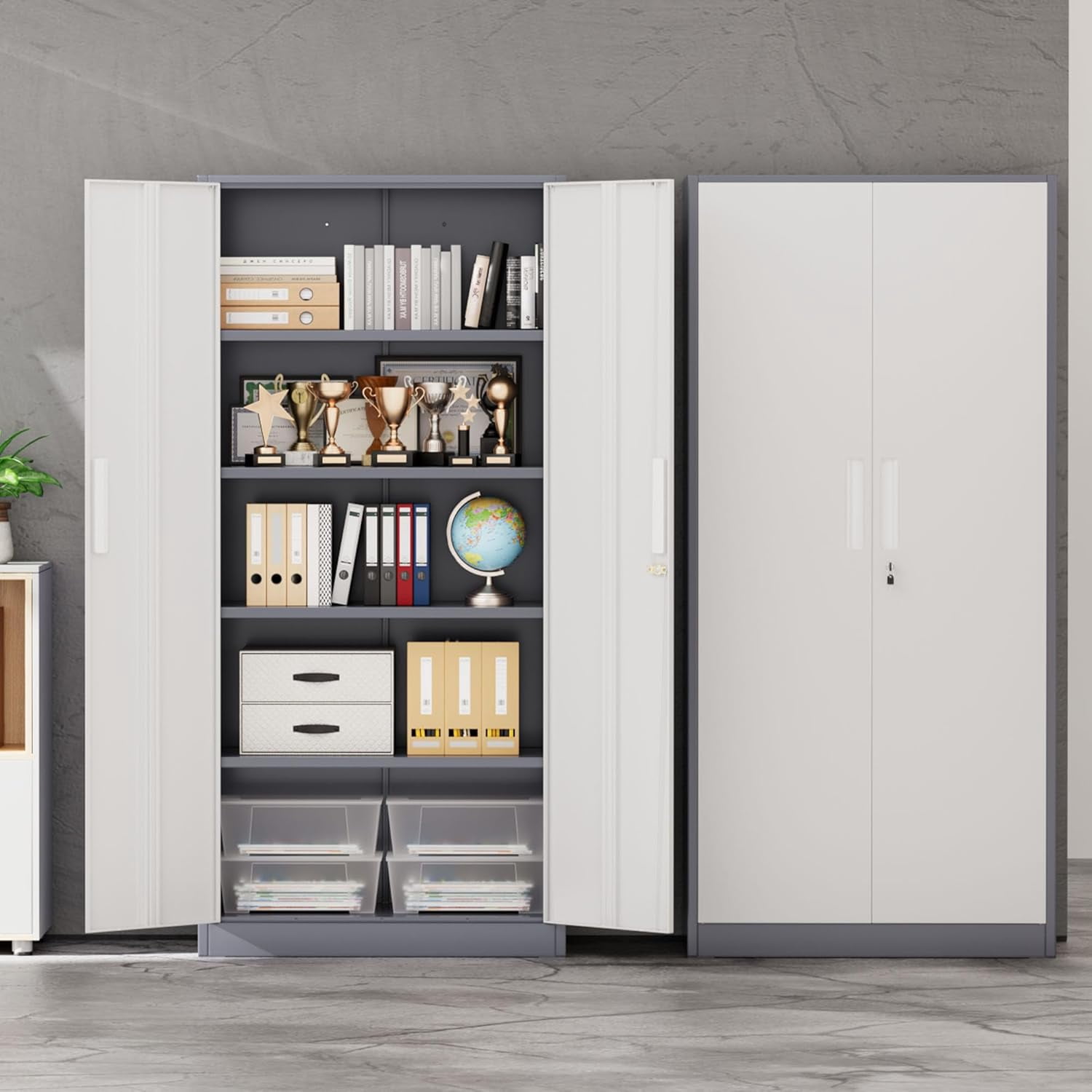 SOLAURA Metal Storage Office Cabinets with Locking Doors and Adjustable Shelves, 71 inch Tall Steel Storage Cabinet for Office, Home (Gray White)