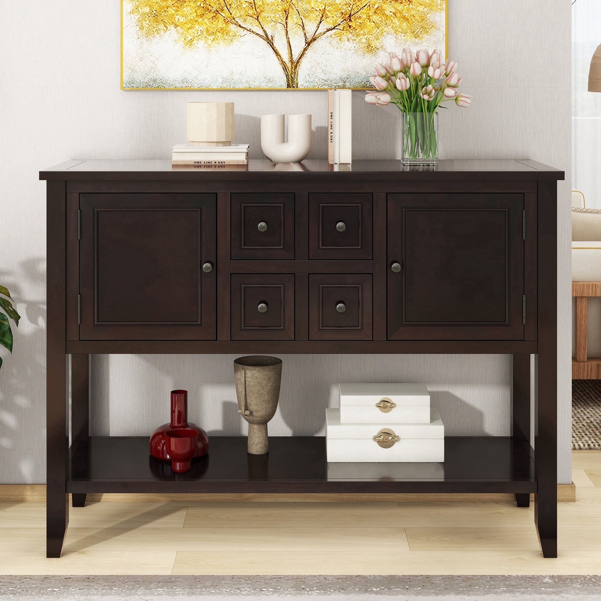 EUROCO 44.5" Console Table Sofa Table, Solid Wood Entryway Table with 4 Small Drawers, 2 cabinets and Bottom Shelf for Living Rooms, Entrances and Kitchens,Espresso