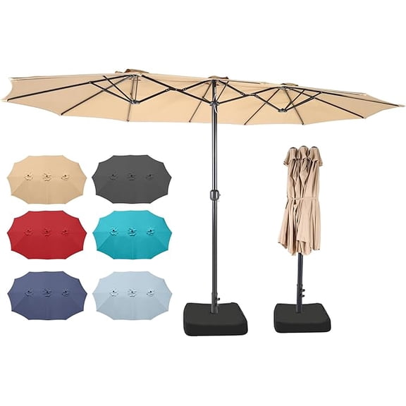 Weguard 15ft Double-Sided Patio Umbrella Twin Extra Large with Crank Handle & Base for Outdoor Patio Garden Market Pool Backyard, Beige