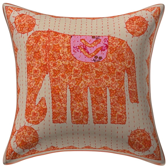 Stylo Culture Indian Settee Sofa Throw Pillow Cover 16 x 16 Applique Embroidered Kantha Patchwork Orange Bohemian 40cm x 40cm Lounge Decor Cotton Elephant Square Cushion Cover | 1 Pc