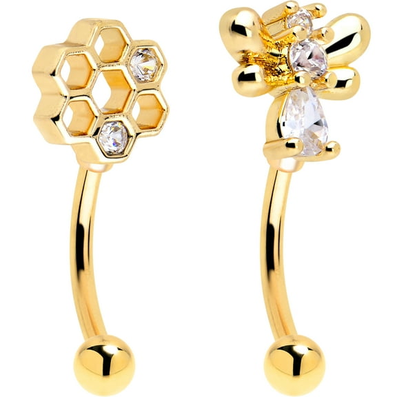 Body Candy 16 Gauge 5/16 Clear CZ Gold Tone Bee Hive Luv Curved Eyebrow Ring Set of 2 Stainless Steel for Women