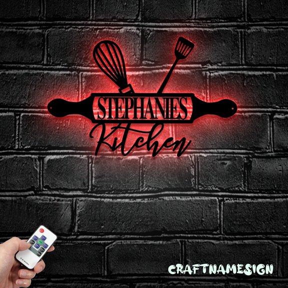 Craftnamesign Custom Kitchen Metal Wall Art LED Light, Kitchen Sign, Kitchen Wall Decor, Chef Gifts