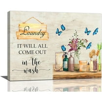 Farmhouse Laundry Room Wall Decor Rustic Laundry Room Signs Pictures Wall Art Country Butterfly Flower Floral Bathroom Canvas Print Painting Framed Home Artwork For Bathroom Washroom 16"x12"