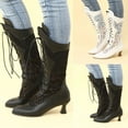 thumbnail image 6 of Mid Calf Combat Boots for Women Gothic Leather Lace Kitten Heel Pointed Toe Vintage Dress Booties, 6 of 7