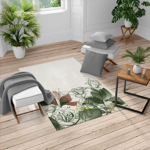Flower Turkish Area Rug, Retro Floral Background Hibiscus Silhouettes Dramatic Romantic Nature Art, Soft Carpet for Living Room Decor with Distressed Look, 5.2' X 7.6', Reseda Green, by Ambesonne