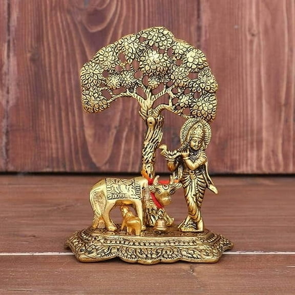 Metal Krishna With Cow Standing Under Tree Plying Flute (Gold, 12.5X8X16Cm), 1 Piece, figures;Religious